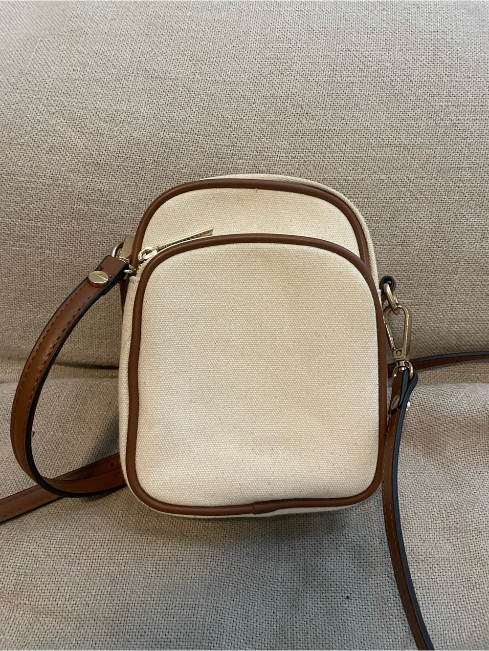 Mali + Lili Canvas Crossbody Bag with Brown Trim - Cream